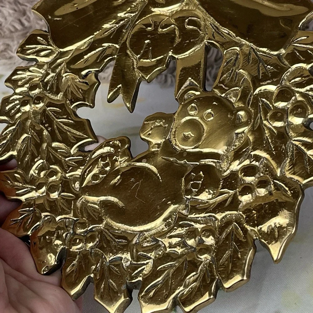 Vintage Rubel Brass Christmas Wreath With Teddy Bear Trivet Pot Plant Stand